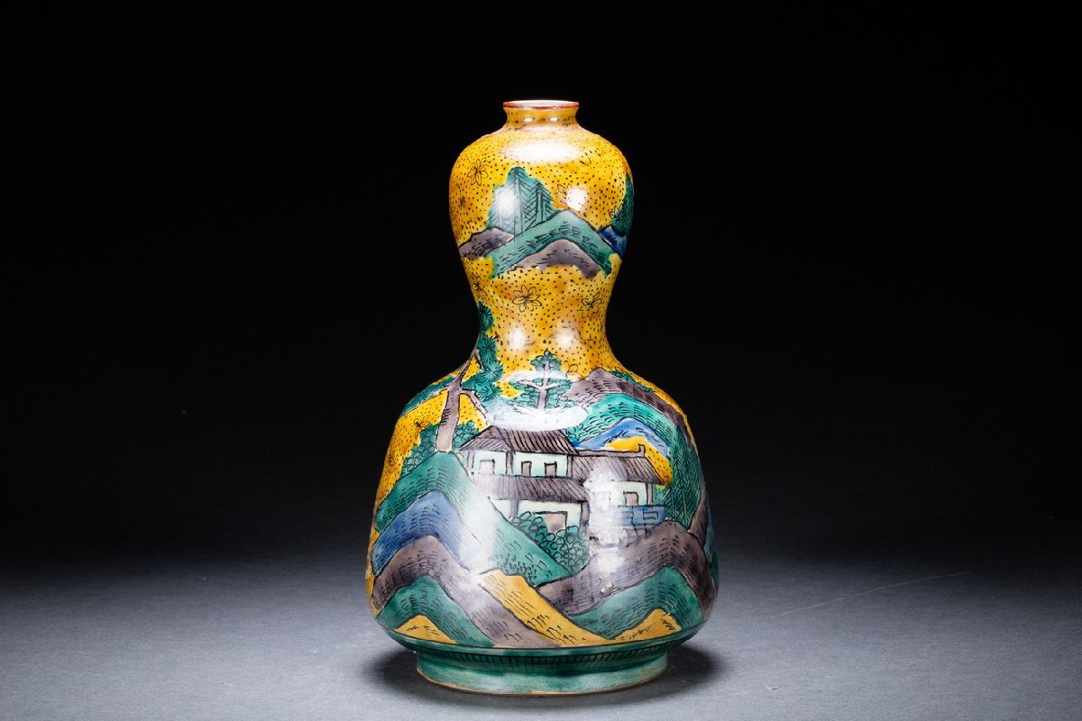 九谷焼き 松月 古九谷様式 青手 花器 壺 花瓶 骨董品 角福印