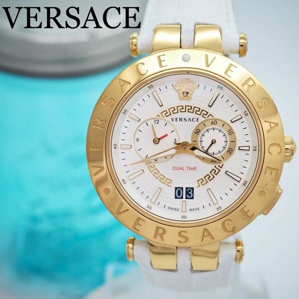 117 VERSACE 時計 メンズ デュアルタイム ゴールド メデューサ 白