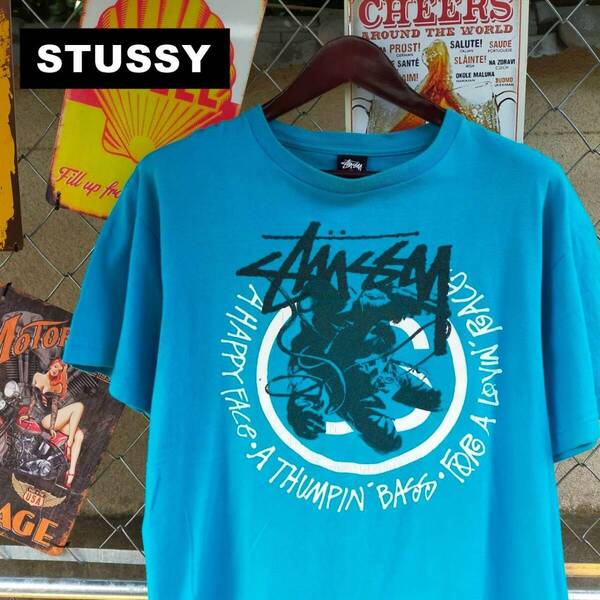 STUSSY ステューシー メキシコ製 Tシャツ L サイズ ビッグロゴ プリント ブルー 青 10667