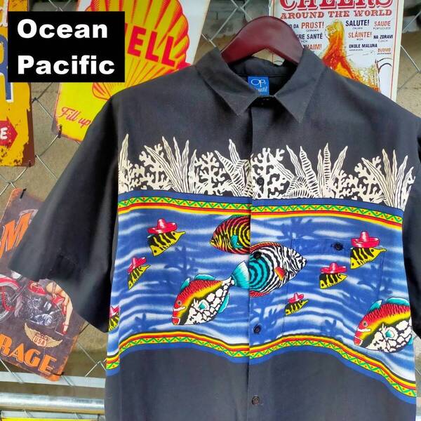 Ocean Pacific オーシャンパシフィック アロハ シャツ XL相当 熱帯魚 南国 ゆったり 黒 ブラック 10675