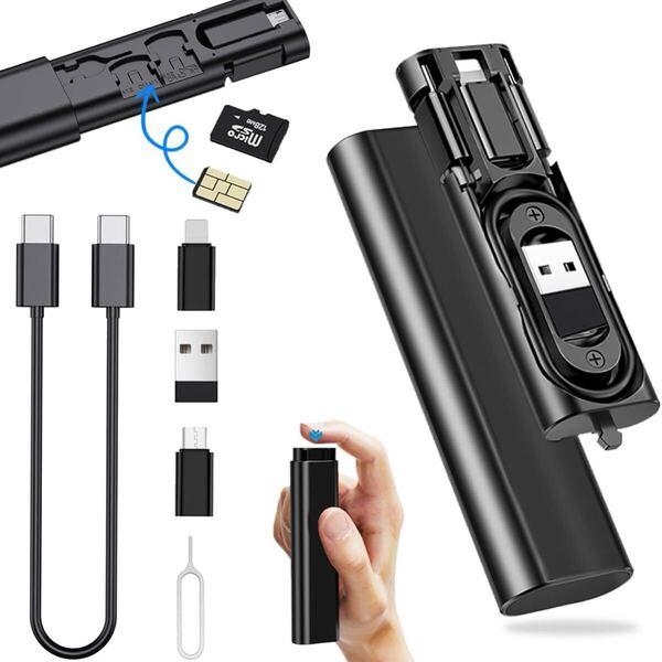 送料無料新品 黒 充電 ケーブル アダプター 変換 セット USB type-A type-C type-B lightning SiMピン スロット スマホ コンパクト コード