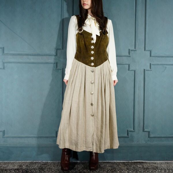 EU VINTAGE COUNTRY Line COIN BUTTON DESIGN LEATHER LINEN NO SLEEVE ONE PIECE/アメリカ古着コインボタンレザーノースリーブワンピース