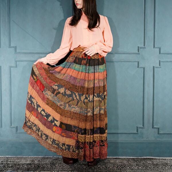USA VINTAGE PATTERNED PATCHWORK DESIGN LONG SKIRT/アメリカ古着柄パッチワークデザインロングスカート