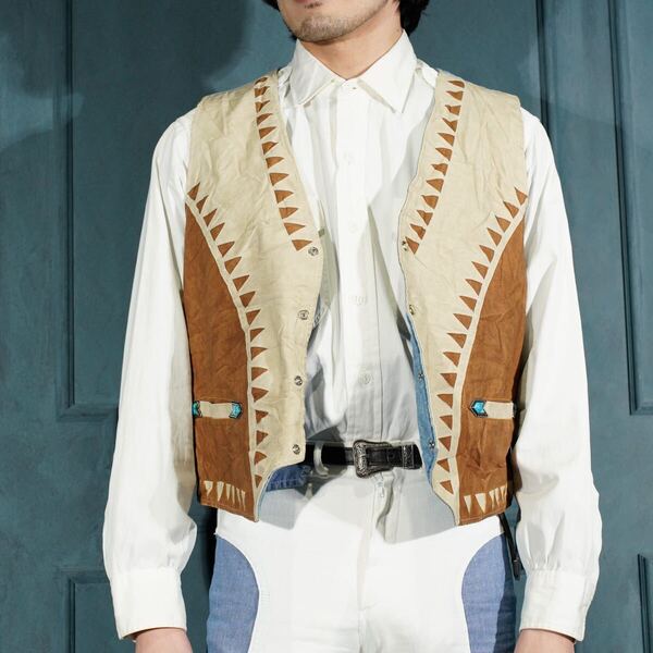 USA VINTAGE RIVERGOLD STONE DARTS DESIGN LEATHER GILLET VEST/アメリカ古着ストーンダーツデザインレザーベスト