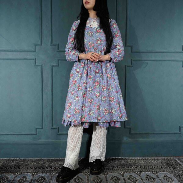 80's USA VINTAGE Rare Edition FLOWER PATTERNED LACE DESIGN ONE PIECE/80年代アメリカ古着お花柄レースデザインワンピース