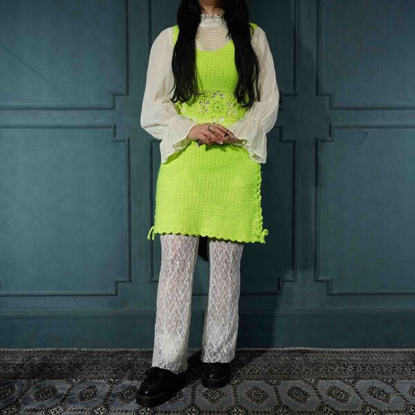USA VINTAGE CROCHET KNIT HAND MADE DESIGN ONE PIECE/アメリカ古着鍵編みニットハンドメイドデザインワンピース