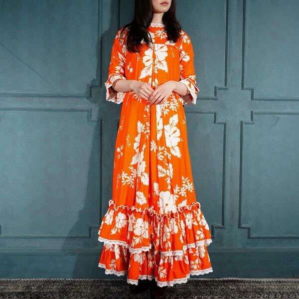 60's~70's USA VINTAGE LACE DESIGN HAWAIIAN LONG ONE PIECE/アメリカ古着レースデザインハワイアンロングワンピース