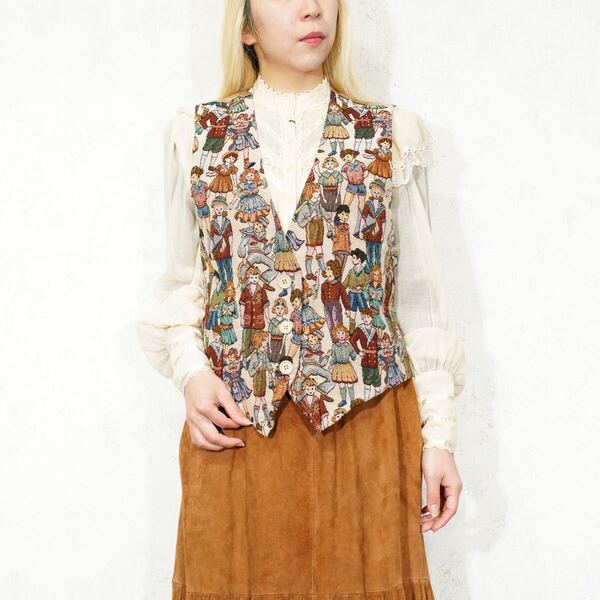 USA VINTAGE mirrors HUMAN EMBROIDERY GOBERLIN DESIGN GILLET VEST/アメリカ古着人ゴブラン刺繍デザインジレベスト