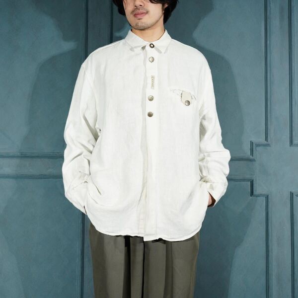 EU VINTAGE LANDHAUS GIMMICK DESIGN LINEN TYROLEAN SHIRT/ヨーロッパ古着ギミックデザインリネンチロリアンシャツ