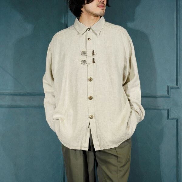 EU VINTAGE METAL BUTTON GIMMICK DESIGN LINEN TYROLEAN SHIRT/ヨーロッパ古古着メタルボタンギミックデザインチロリアンシャツ