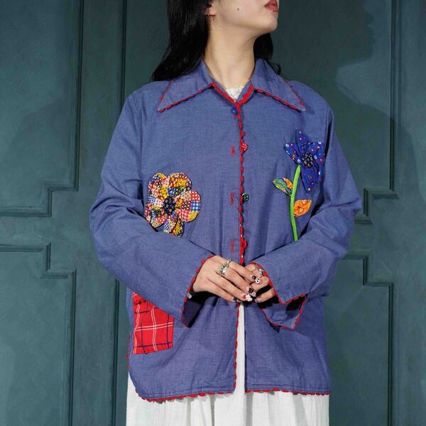 USA VINTAGE Just JoEy FLOWER PATCHWORK HAND MADE DESIGN SHIRT/アメリカ古着お花パッチワークハンドメイドデザインシャツ