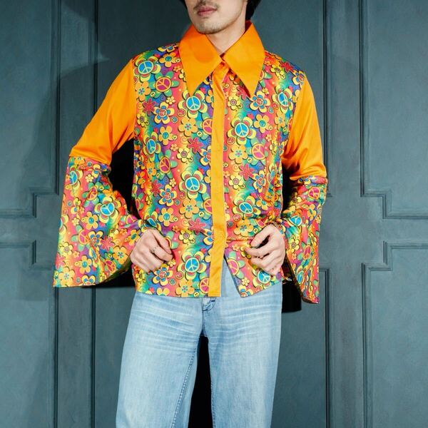 EU VINTAGE FLARE SLEEVE HAPPY PATTERNED DESIGN SHIRT/ヨーロッパ古着フレア袖ハッピー柄デザインシャツ