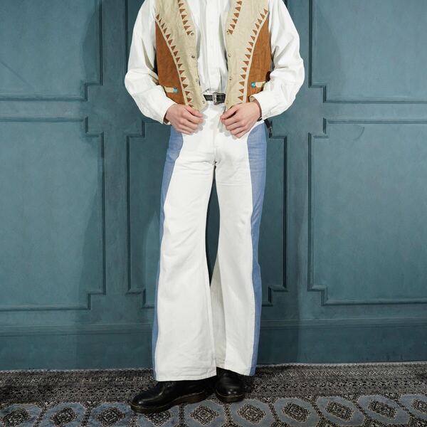 USA VINTAGE DENIM SWITCHED 2TONE DESIGN FLARE PANTS/アメリカ古着デニム切替2トーンデザインフレアパンツ