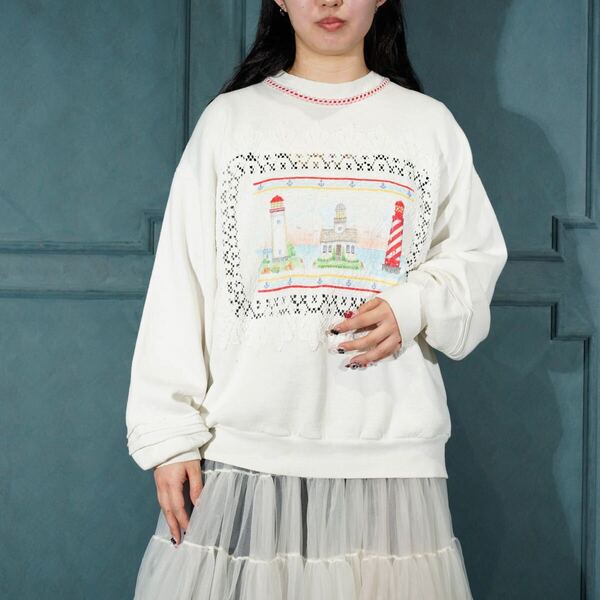 *SPECIAL ITEM* USA VINTAGE JERZEES LACE EMBRODERY DESIGN SWEAT SHIRT/アメリカ古着レース刺繍デザインスウェット
