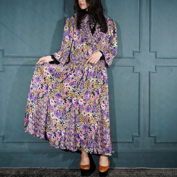 80’s USA VINTAGE Indigo Lites FLOWER PATTERNED FRILL DESIGN ONE PIECE/80年代アメリカ古着お花柄フリルデザインワンピース