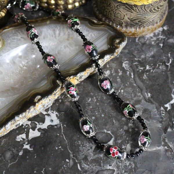 USA VINTAGE FLOWER CLEAR BEADS DESIGN CHAIN NECKLACE/アメリカ古着お花クリアストーンデザインチェーンネックレス