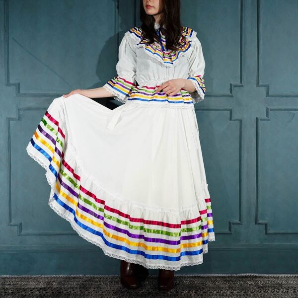 USA VINTAGE COLORFUL RIBBON FRILL HAND MADE DESIGN SET UP/アメリカ古着カラフルリボンフリルハンドメイドデザインセットアップ