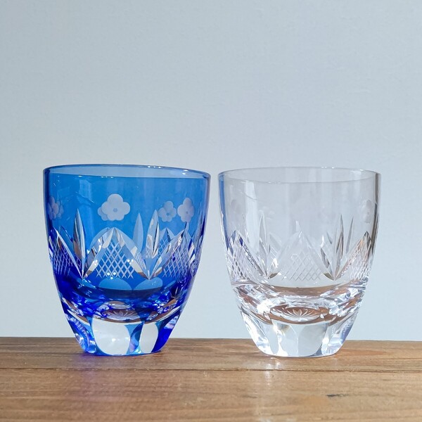 江戸切子 清水硝子 丸 ロックグラス「松竹梅」 酒器 ガラス工芸 中古 ペア 2個セット 中古 送料無料 即決