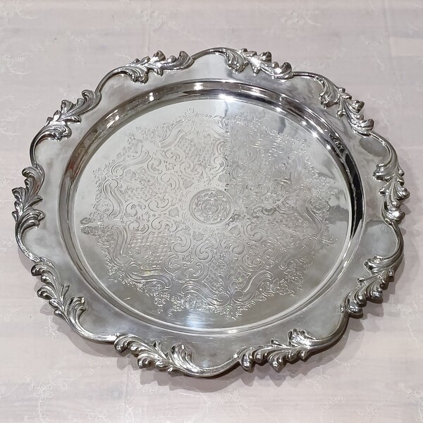 WOLFF ドイツ製 SILVER PLATE シルバープレート お盆 トレイ 直径約38cm ヴィンテージ アンティーク 中古 送料無料 即決