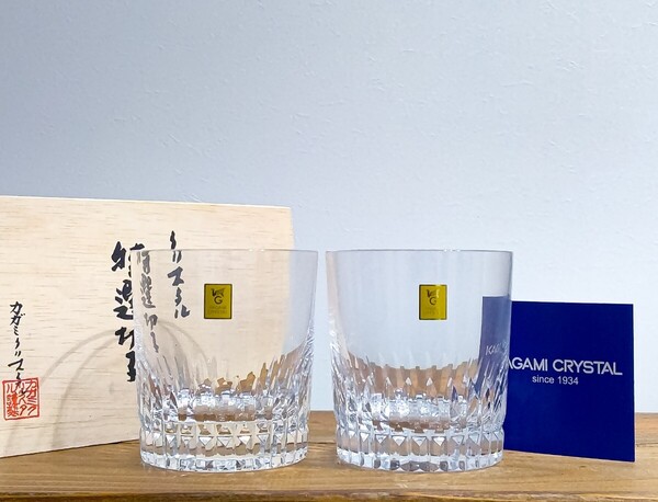 KAGAMI CRYSTAL カガミクリスタル 特選切子 ロックグラス 酒器 ペア 2個セット 記念品 中古 送料無料 即決
