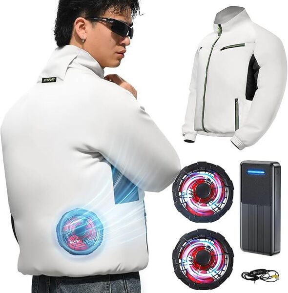 空調作業服 ファンバッテリーセット 超強力ファン & 40800mAhバッテリー ファン付きベスト 長袖 作業用 7.4V対応 UVカット 撥水加工 M