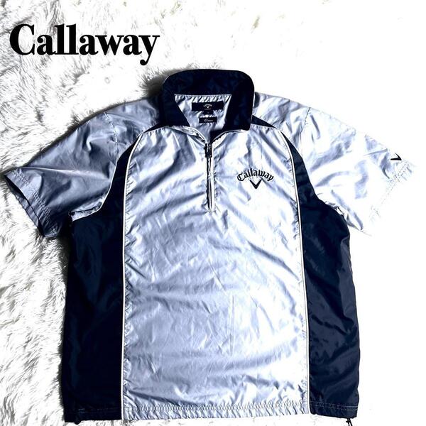 Callaway キャロウェイ 半袖プルオーバー ナイロンジャケット ハーフジップ ゴルフウェア 裏地メッシュ L GOLF ブラック シルバー 刺繍ロゴ