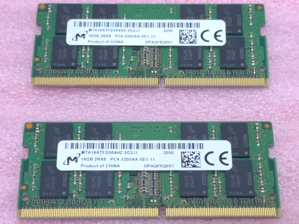 ∠Micron MTA16ATF2G64HZ-3G2J1 2枚セット - PC4-25600/DDR4-3200/PC4-3200AA 260Pin DDR4 SO-DIMM 32GB(16GB x2) 動作品