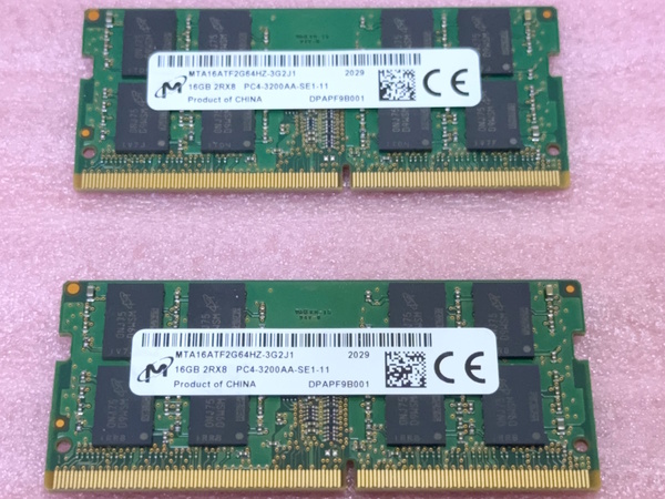 ○Micron MTA16ATF2G64HZ-3G2J1 2枚セット - PC4-25600/DDR4-3200/PC4-3200AA 260Pin DDR4 SO-DIMM 32GB(16GB x2) 動作品