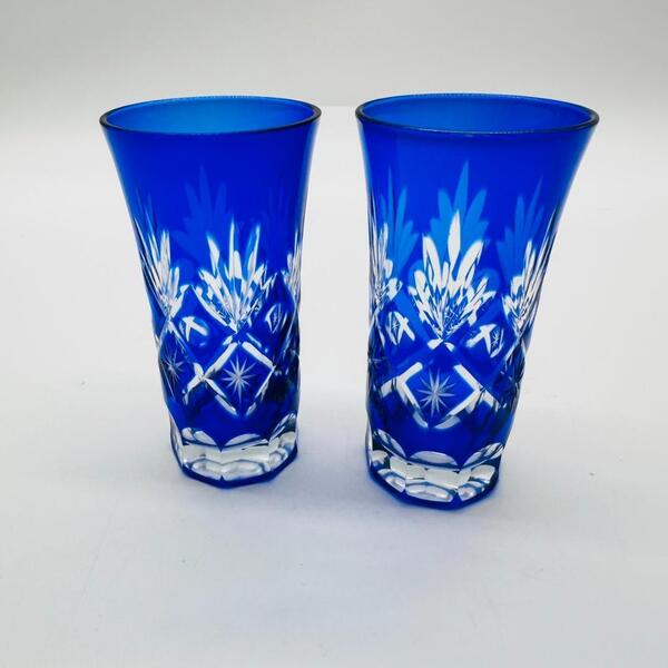 美品 切子グラス ペア セット 切子細工 切子ガラス 藍色 硝子 ブルー 日本酒グラス 工芸 酒器
