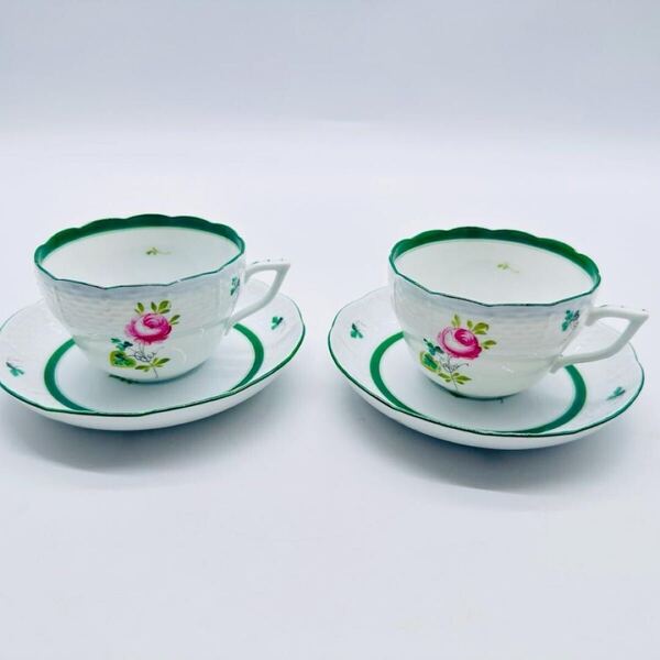 HEREND ヘレンド ウィーンの薔薇 カップ&ソーサー 2客 ペア 花柄 バラ グリーン 洋食器 茶器 現状