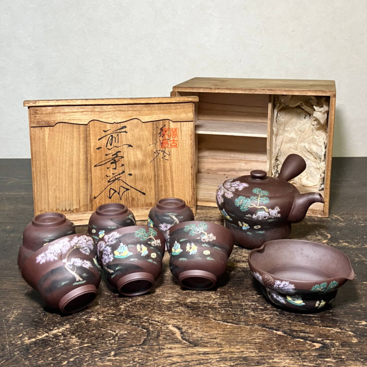 煎茶道具 萬古焼 春峰造 花文 玉露揃 小さな茶器揃 共箱 M R5313