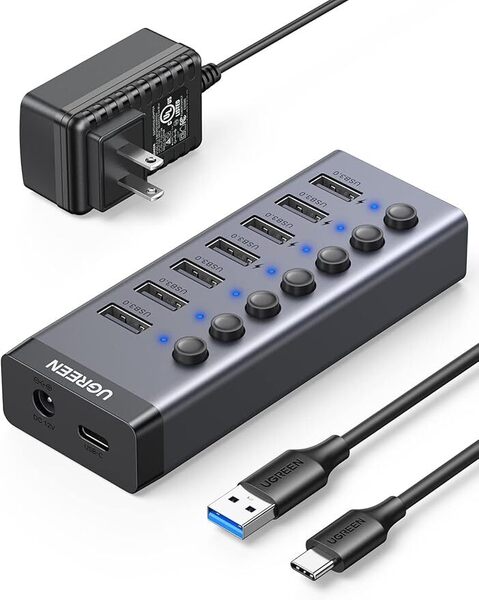 949 UGREEN USB ハブ 7ポート3.0 hub 増設 5Gbps高速伝送 セルフパワー対応 DC12V/2A ACアダプタ- 独立スイッチ C to Aケーブル 1m 7ポート