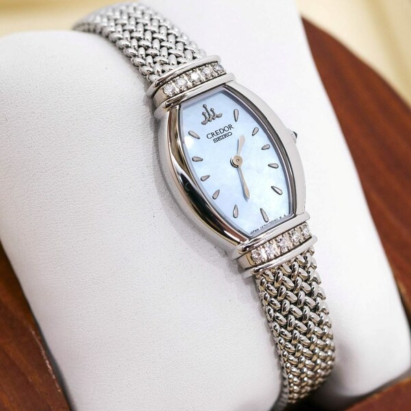 稼働 SEIKO CREDOR 腕時計 18KT ブルーシェル文字盤10Pダイヤ