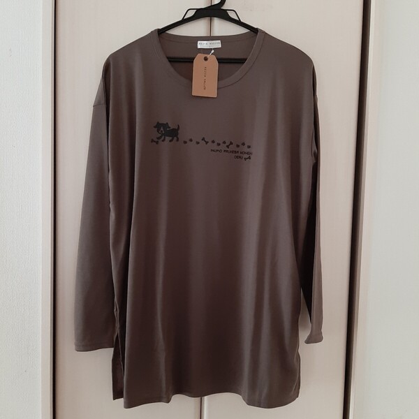 新品【Lサイズ】KEITH VALLER レディース 長袖Tシャツ トップス チュニック ビッグTシャツ ゆったり大きめ 3470 カーキ ロングTシャツ 犬