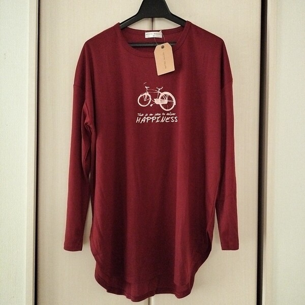新品【Mサイズ】KEITH VALLER レディース 長袖Tシャツ トップス チュニック ビッグTシャツ ゆったり 大きめ 3468D えんじ 自転車 ロゴ