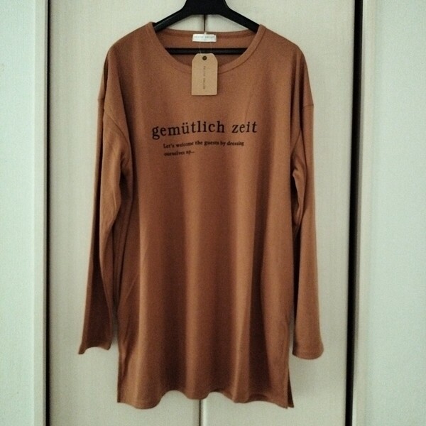 新品【Lサイズ】KEITH VALLER レディース 長袖Tシャツ トップス チュニック ビッグTシャツ ゆったり大きめ 3470A 茶系 ロングTシャツ ロゴ