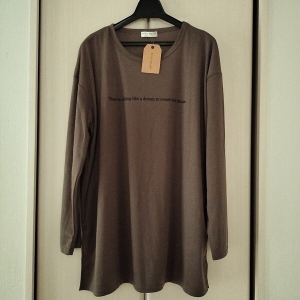 新品【Lサイズ】KEITH VALLER レディース 長袖Tシャツ トップス チュニック ビッグTシャツ ゆったり大きめ 3470C カーキ ロングTシャツロゴ