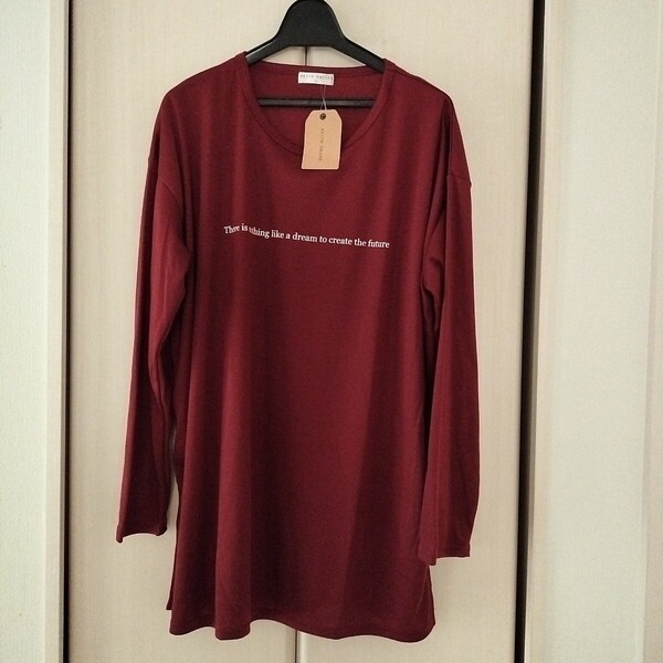 新品【Lサイズ】KEITH VALLER レディース 長袖Tシャツ トップス チュニック ビッグTシャツ ゆったり大きめ 3470C ロングTシャツ ロゴえんじ