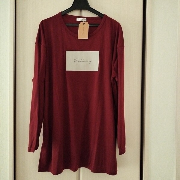 新品【Lサイズ】KEITH VALLER レディース 長袖Tシャツ トップス チュニック ビッグTシャツ ゆったり大きめ 3470E ロングTシャツ ロゴえんじ