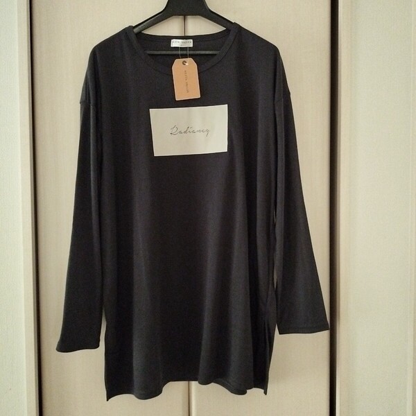 新品【Lサイズ】KEITH VALLER レディース 長袖Tシャツ トップス チュニック ビッグTシャツ ゆったり大きめ 3470E ロングTシャツ ロゴ 黒