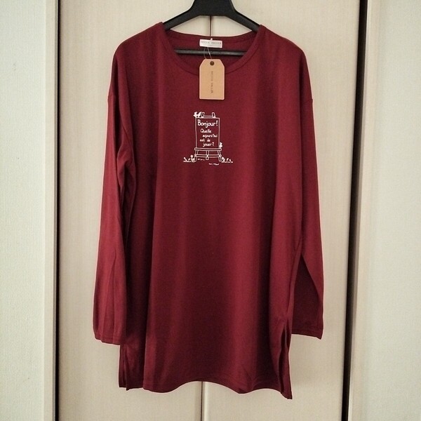 新品【Lサイズ】KEITH VALLER レディース 長袖Tシャツ トップス チュニック ビッグTシャツ ゆったり大きめ 3470F ロングTシャツ えんじ