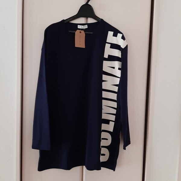 新品【Mサイズ】KEITH VALLER レディース 長袖Tシャツ トップス チュニック ビッグTシャツ ロングTシャツ 3470D ゆったり ネイビー 白ロゴ
