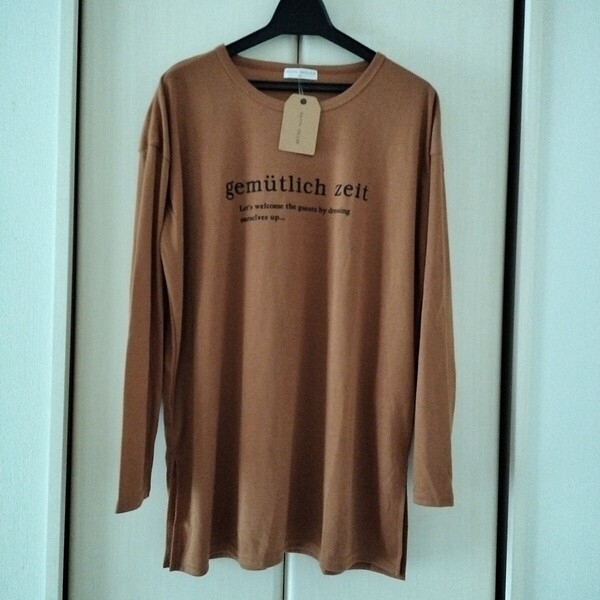 新品【Mサイズ】KEITH VALLER レディース 長袖Tシャツ トップス チュニック ビッグTシャツ ロングTシャツ 3470A ゆったりサイズ 茶系