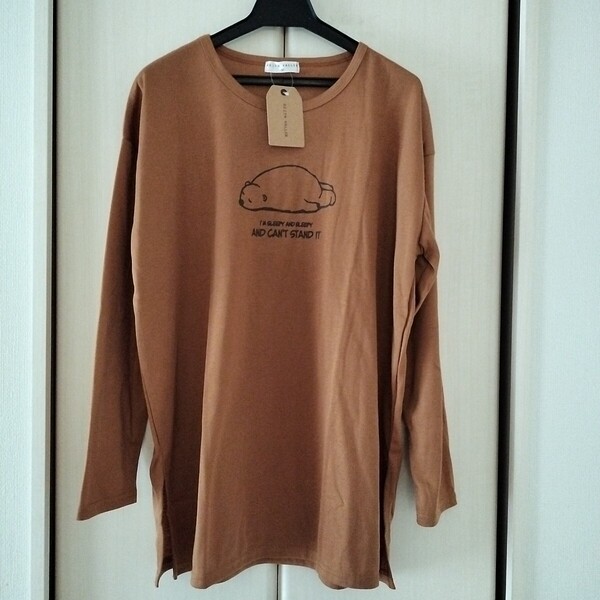 新品【Mサイズ】KEITH VALLER レディース 長袖Tシャツ トップス チュニック ビッグTシャツ ロングTシャツ 3470G ゆったりサイズ 茶系 くま