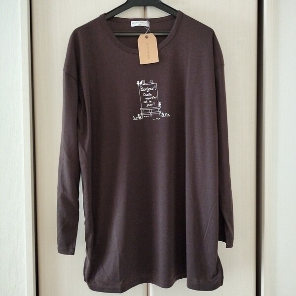新品【Mサイズ】KEITH VALLER レディース 長袖Tシャツ トップス チュニック ビッグTシャツ ロングTシャツ 3470F ゆったりサイズ ロゴ 茶系