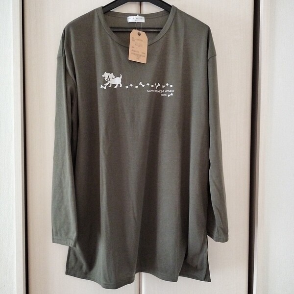 新品【Mサイズ】KEITH VALLER レディース 長袖Tシャツ トップス チュニック ビッグTシャツ ロングTシャツ 3470H ゆったりサイズ カーキ 犬