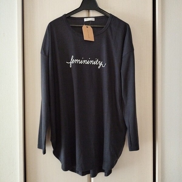 新品【Lサイズ】KEITH VALLER レディース 長袖Tシャツ トップス チュニック ビッグTシャツ ゆったり大きめ 3468F 黒 ロングTシャツロゴ