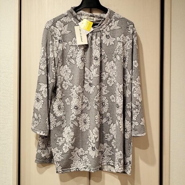 新品タグ付【LLサイズ】薄手 七分袖 ハイネック カットソー ミセス レディース ポリエステルブラウス 花柄 グレー 船場ニット 118253