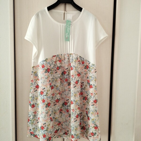 新品タグ付き【Lサイズ】 Rose Peche(ローズ ペッシュ) レディース チュニック カットソー トップス ノースリーブ 白 花柄 小泉アパレル