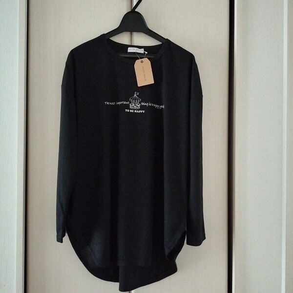 新品【Mサイズ】KEITH VALLER レディース 長袖Tシャツ トップス チュニック ビッグTシャツ ゆったり 大きめ 3468G 黒 TOBE HAPPY ロゴ